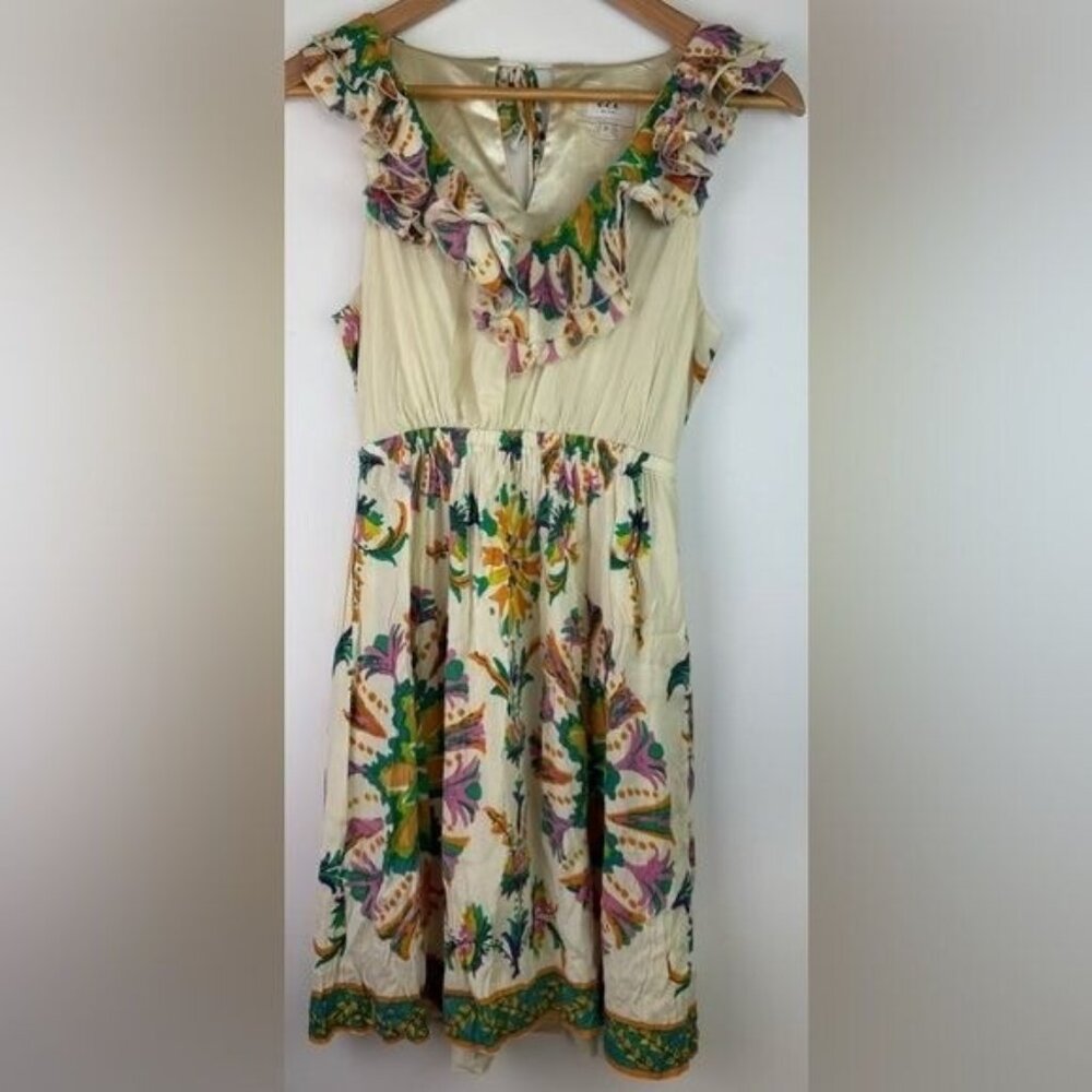ECI NY Floral Mini Dress Ruffled Neckline Silk Blend Sleeveless Colorful Size 2